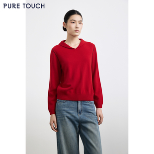 海军翻领羊毛针织衫 25秋冬新款 新年红宽松百搭毛衣 TOUCH女装 PURE