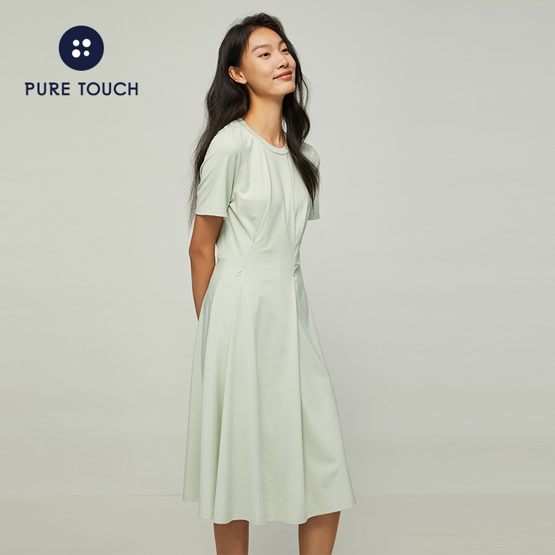 puretouch夏季女士连衣裙收腰a字休闲气质显瘦绿色修身中长款裙子