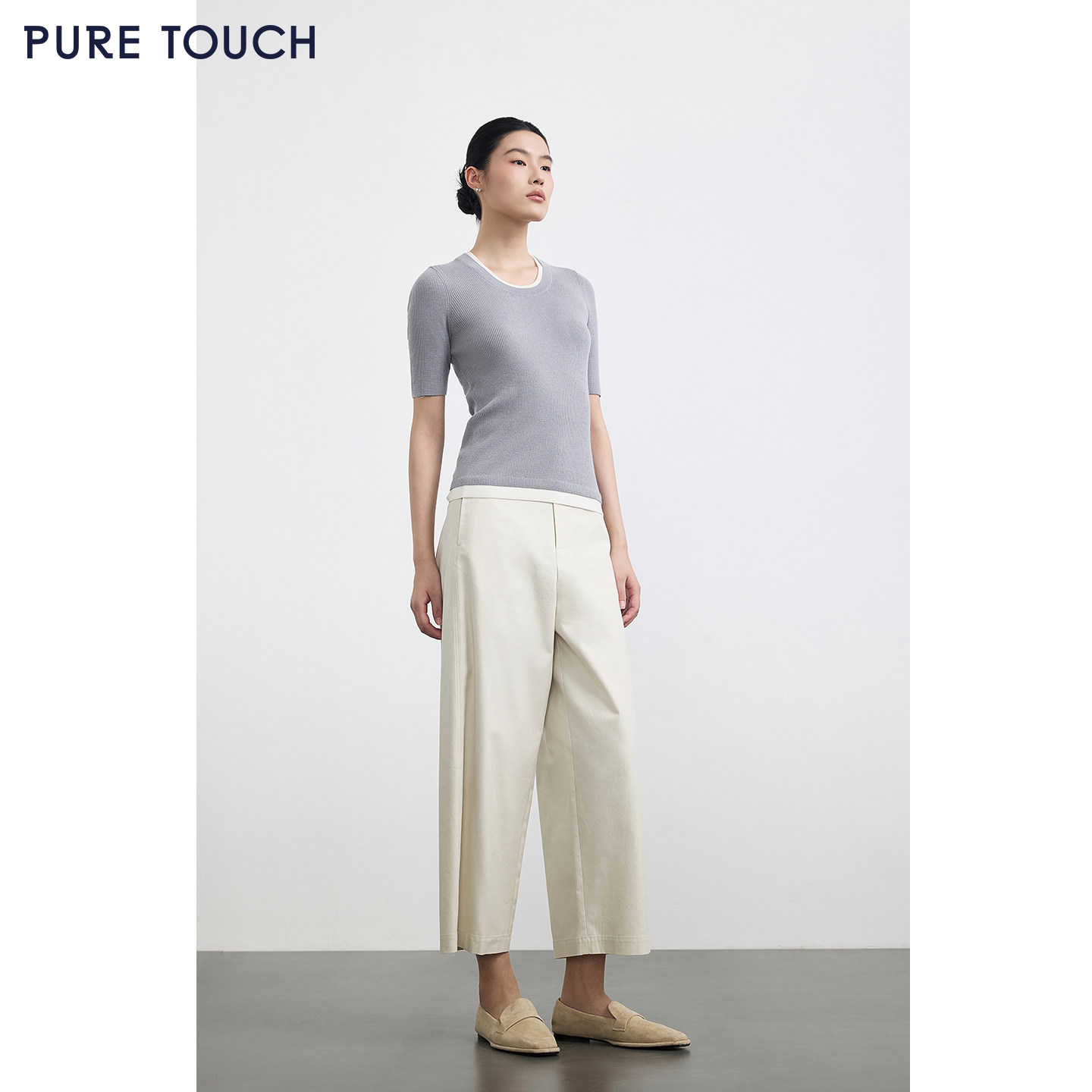 PURE TOUCH女装春夏棉混纺直筒长裤宽松通勤休闲裤百搭高腰长裤女