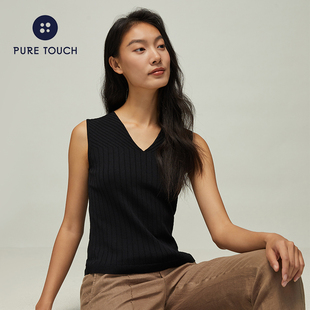 内搭打底针织衫 puretouch女士百搭黑色背心修身 显瘦V领螺纹上衣