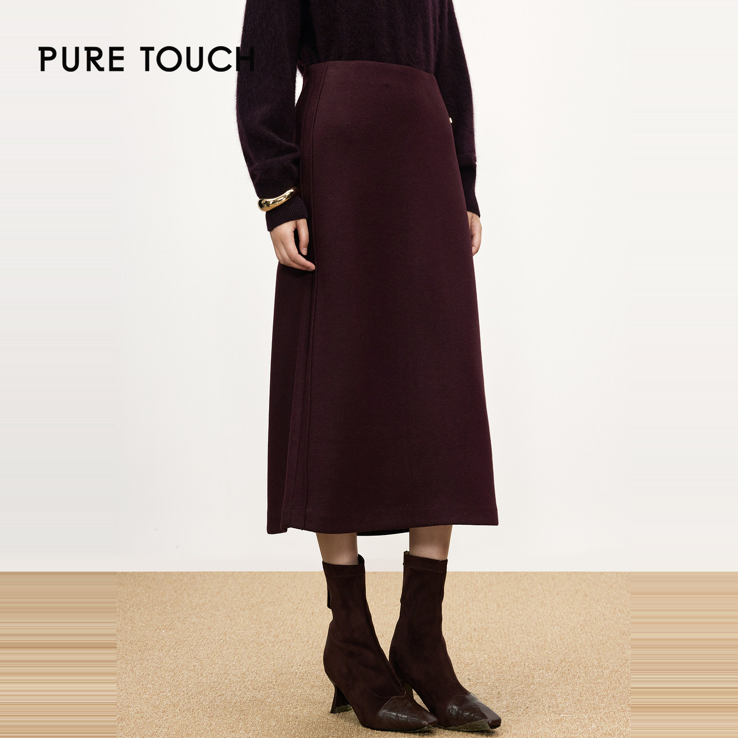 PURE TOUCH 冬季新款高腰直筒半身裙女中长款后开衩通勤静奢长裙