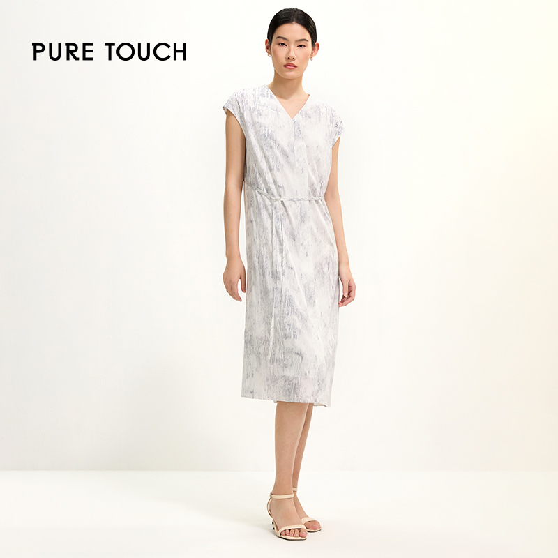 puretouch女士桑蚕丝V领无袖印花系带连衣裙夏季简约时尚气质显瘦