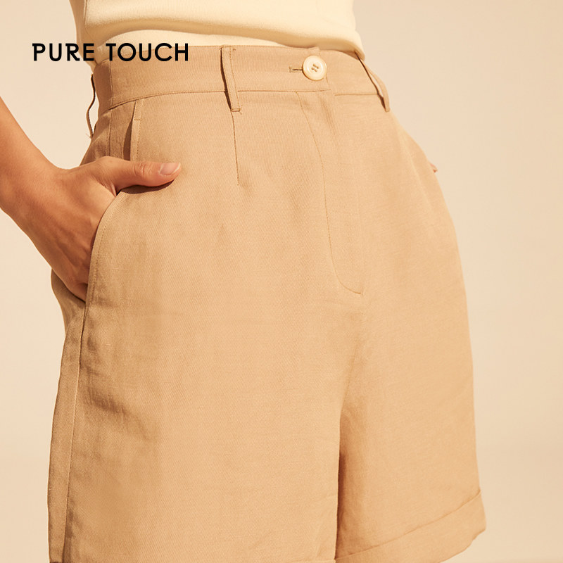 pure touch女士浅卡其含亚麻短款廓形裤子时尚显瘦百搭短裤薄款新