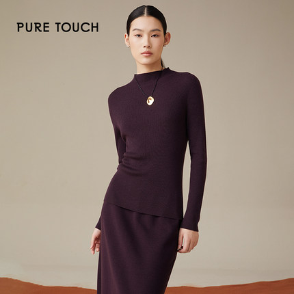 pure touch绵羊毛100%半高领修身显瘦针织衫女纯色百搭打底毛衣