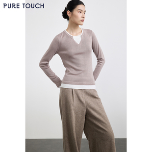 羊毛混纺针织衫 商场同款 25秋冬新款 TOUCH女装 v领假两件毛衣 PURE