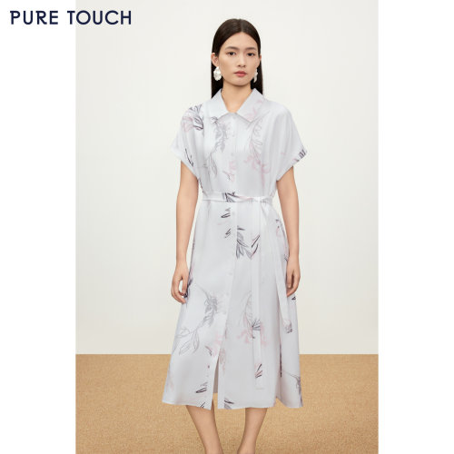 PURE TOUCH26夏新款19姆米斜纹绸印花衬衫裙中长款蚕丝度假连衣裙
