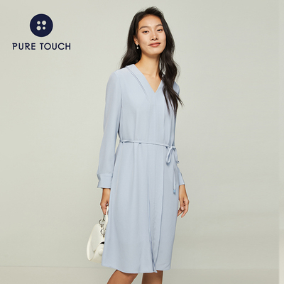 puretouch女士新款通勤职业连衣裙收腰系带显瘦长袖西装裙
