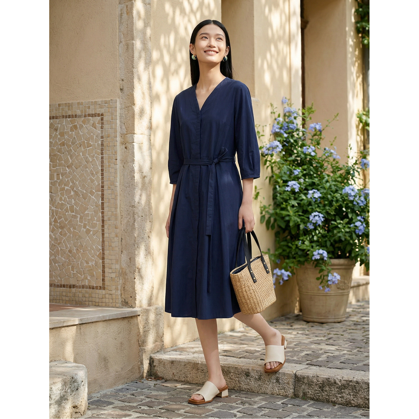 PURE TOUCH女装 26春夏新款V领纯棉连衣裙七分袖衬衫裙过膝中长裙