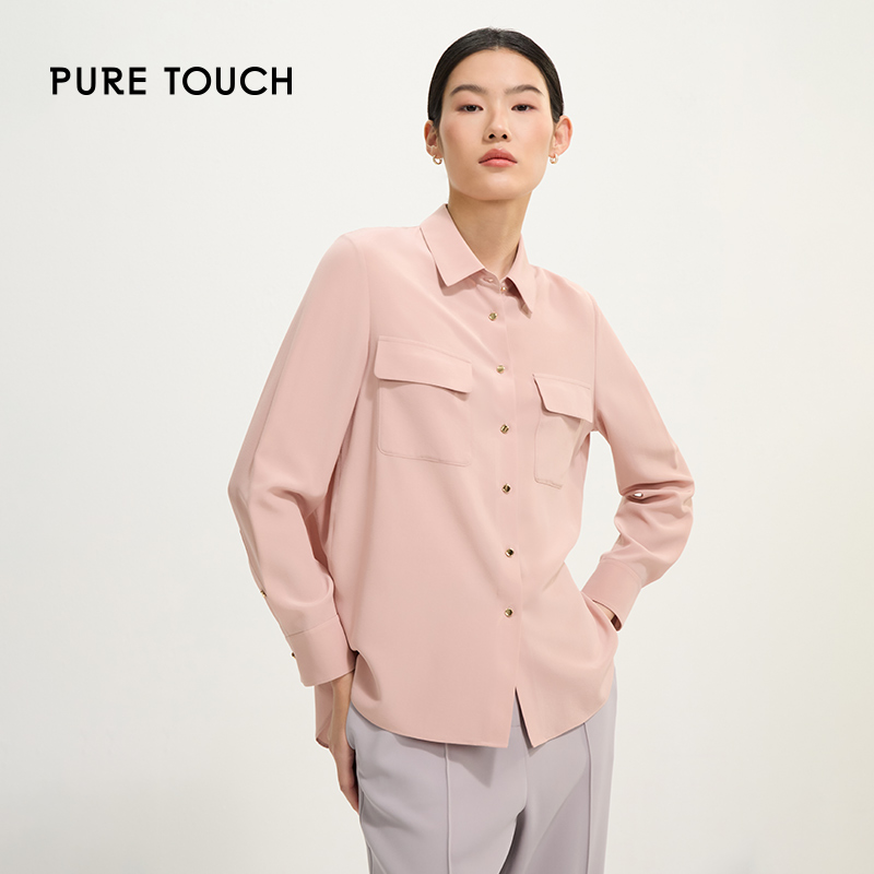pure touch女士桑蚕丝粉色长袖衬衫简约时尚百搭真丝上衣衬衣夏季