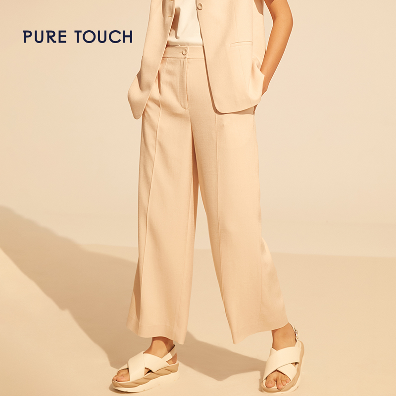 pure touch女士卡其色阔腿裤时尚休闲直筒裤通勤长裤2024年夏季新