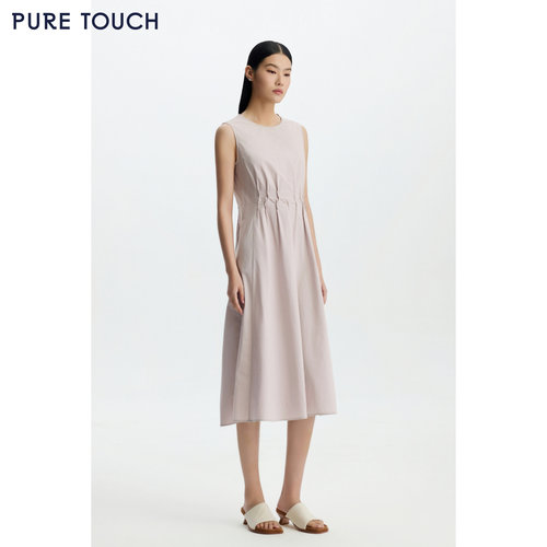 PURE TOUCH 26春夏新款纯棉无袖连衣裙腰部抽褶设计A字伞摆中长裙