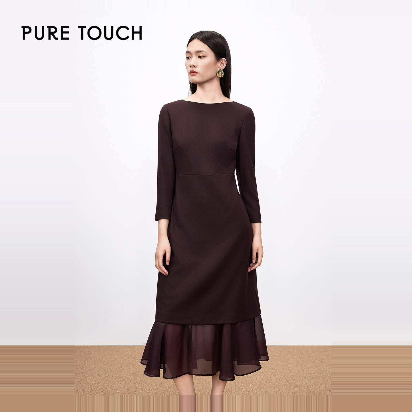 PURE TOUCH 欧根纱拼接连衣裙秋冬一字领收腰七分袖咖紫通勤长裙