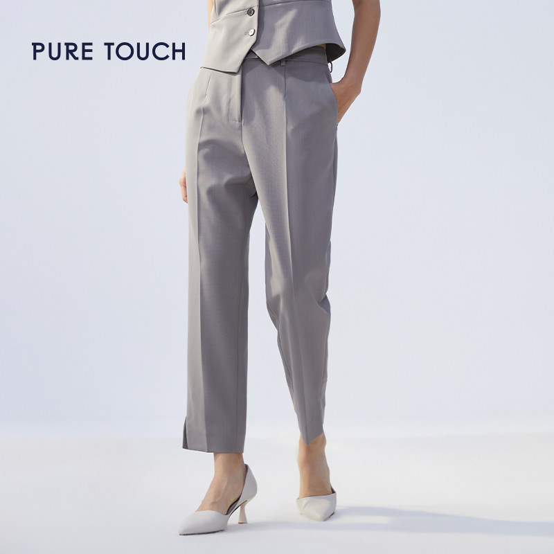 pure touch女士绵羊毛西裤浅灰色九分裤职业通勤显瘦裤子新
