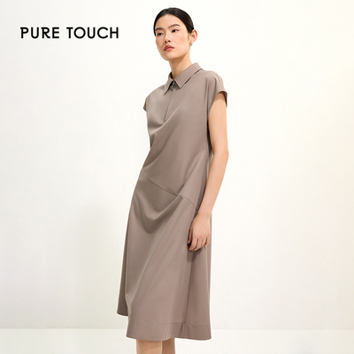 pure touch灰咖色女士翻领拉链短袖中长连衣裙通勤简约时尚百搭夏