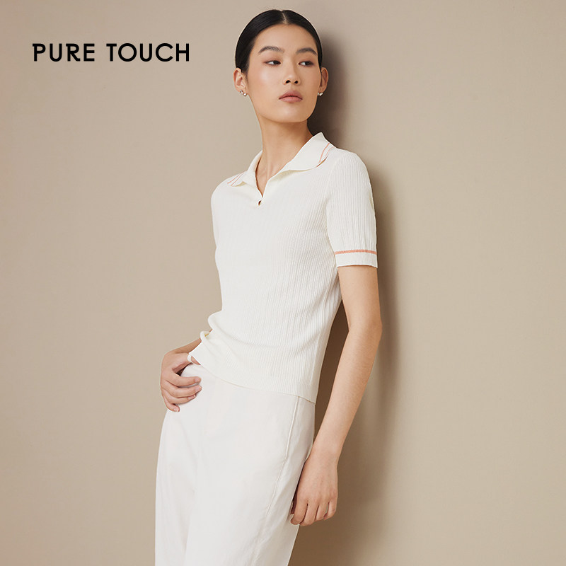 PURE TOUCH女装 春夏短袖Polo衫撞色边针织半袖上衣休闲通勤T恤