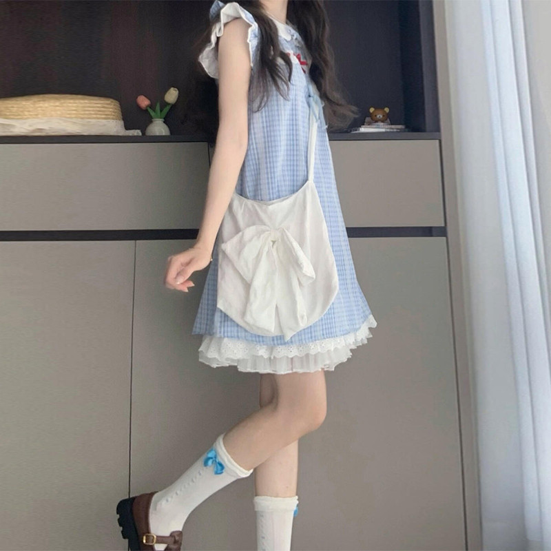 女大童蓝色连衣裙夏季初中生13岁女孩15小飞袖蕾丝拼接公主短裙子