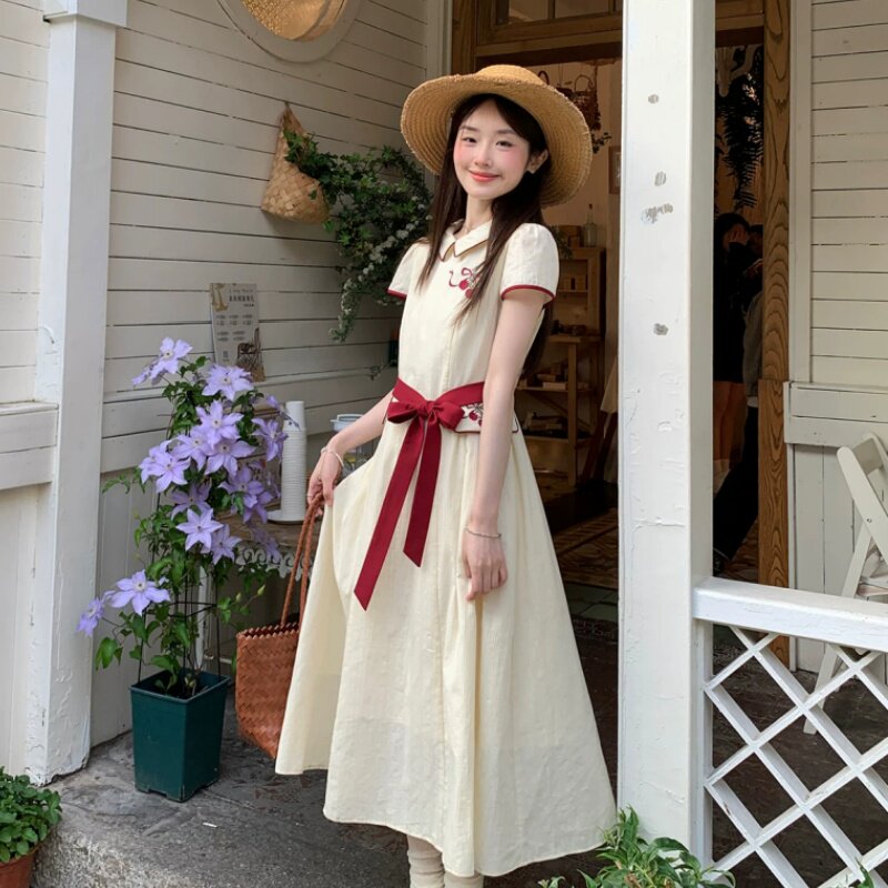 女大童甜美撞色连衣裙夏季2026新款初中学生娃娃领学院风收腰长裙