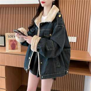 女大童加绒牛仔外套秋冬季初中高中学生高级感韩版宽松羊羔绒棉衣