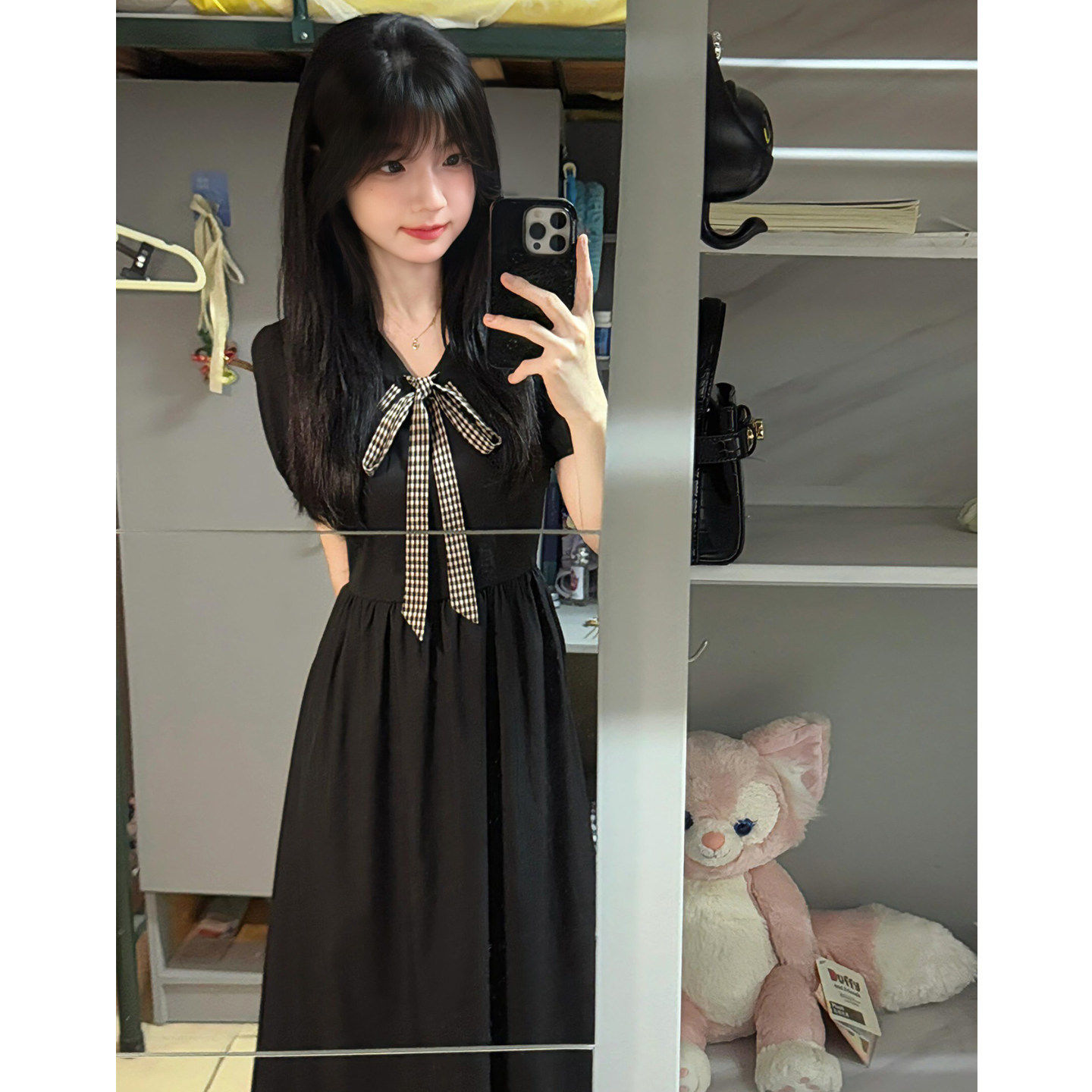 女大童学院风法式黑色连衣裙夏季2026新款初中学生高级感收腰长裙