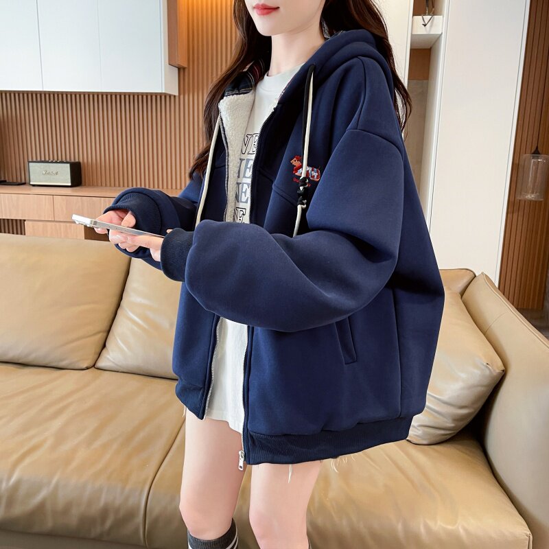 女大童超好看羊羔毛卫衣外套秋冬季初中学生学院风加绒加厚棒球服