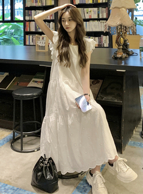 女大童小飞袖白色连衣裙夏装2026新款初中高中学生法式甜美长裙子