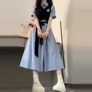 女大童学院风条纹连衣裙夏季初高中学生小个子教资面试假两件裙子