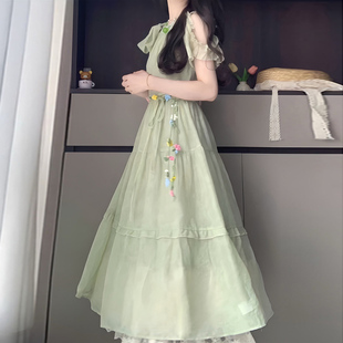 法式甜美蝴蝶结绿色连衣裙大童少女初中生夏日绝美海边度假长裙子