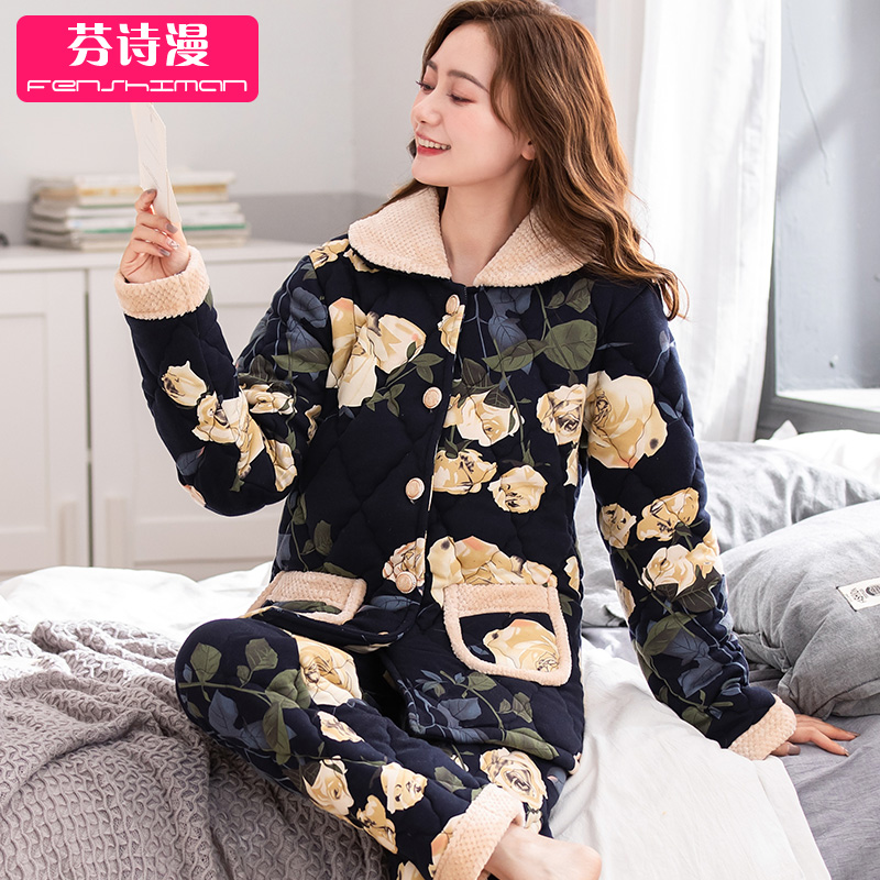 睡衣女士秋冬纯棉夹棉三层保暖加厚加绒冬季棉袄中老年妈妈家居服