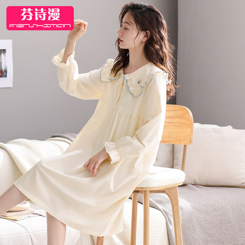 睡裙女春秋纯棉长袖2026年新款全棉秋冬薄款长款孕妇宽松睡衣裙子