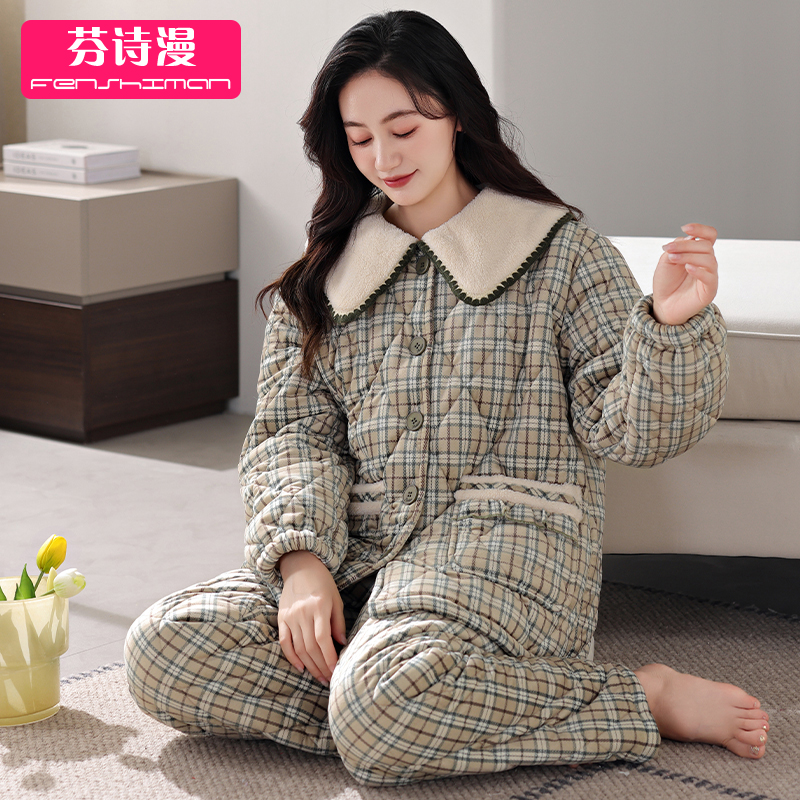 睡衣女士冬季珊瑚绒夹棉家居服