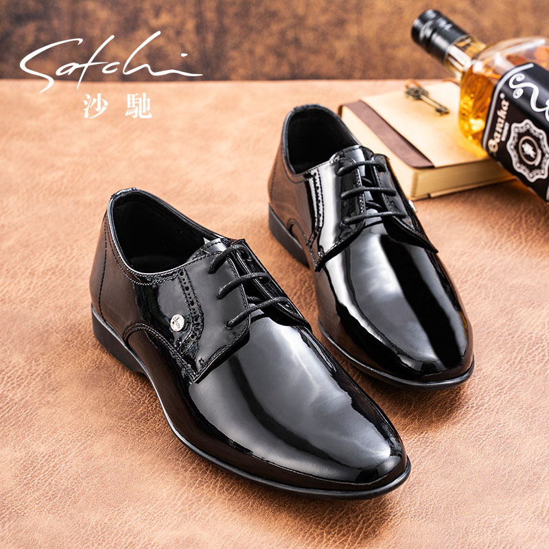 沙驰品牌男鞋软底软面系带商务正装漆皮黑色亮皮皮鞋男士精品鞋子