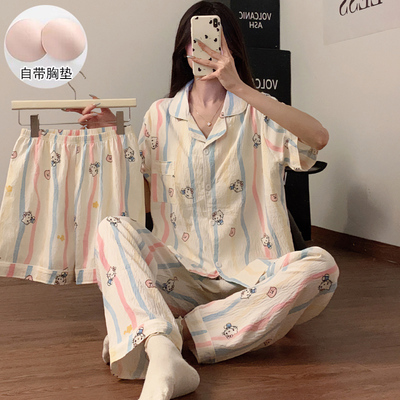 带胸垫睡衣女款夏季开衫三件套短袖短裤长裤2025新款纯棉家居服薄