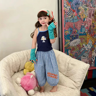 2026女童夏装新款卡通印花背心辣妹吊带+格子阔腿洋气裤子