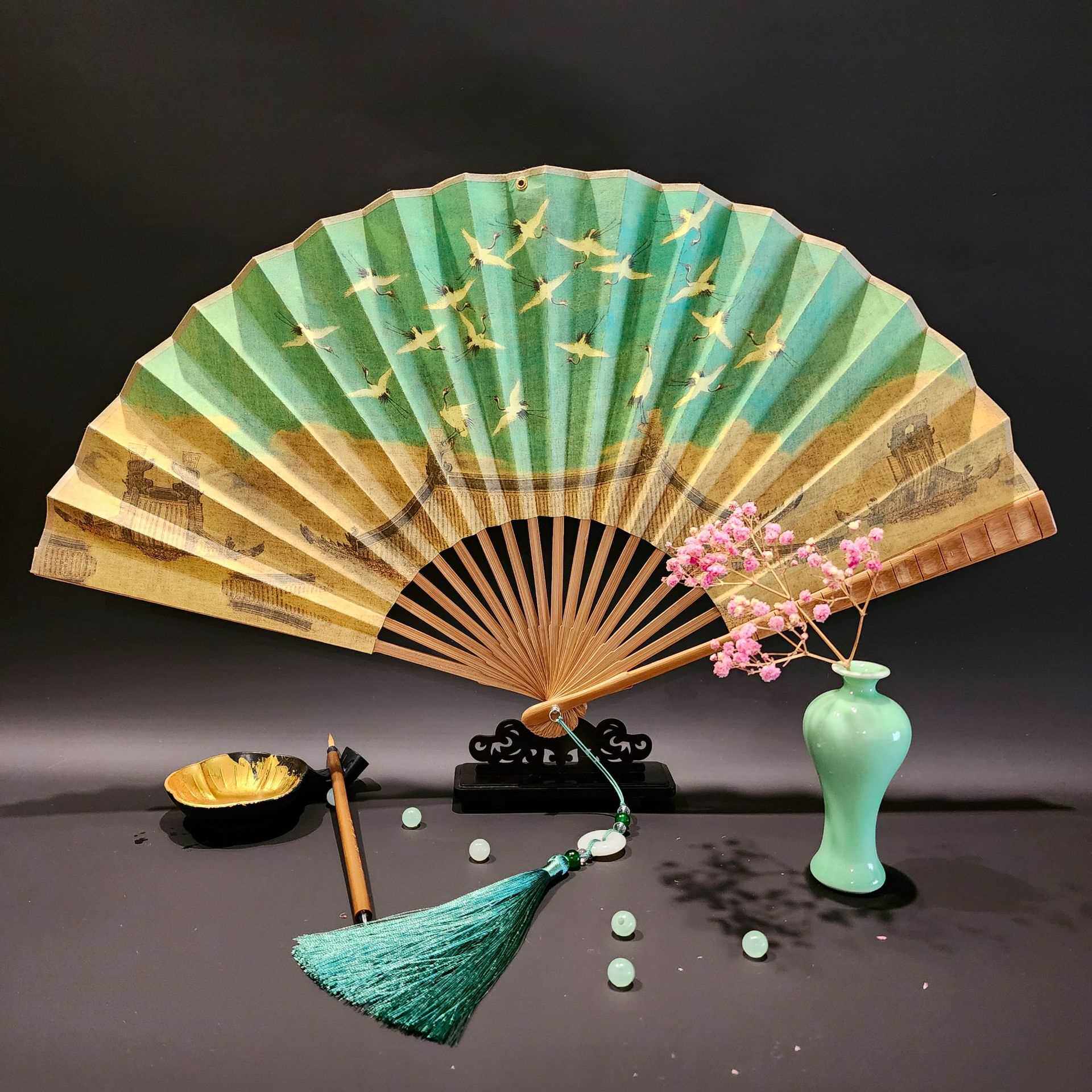 9寸竹节中品国名宣纸折扇中国风古风扇子礼折叠扇画包邮