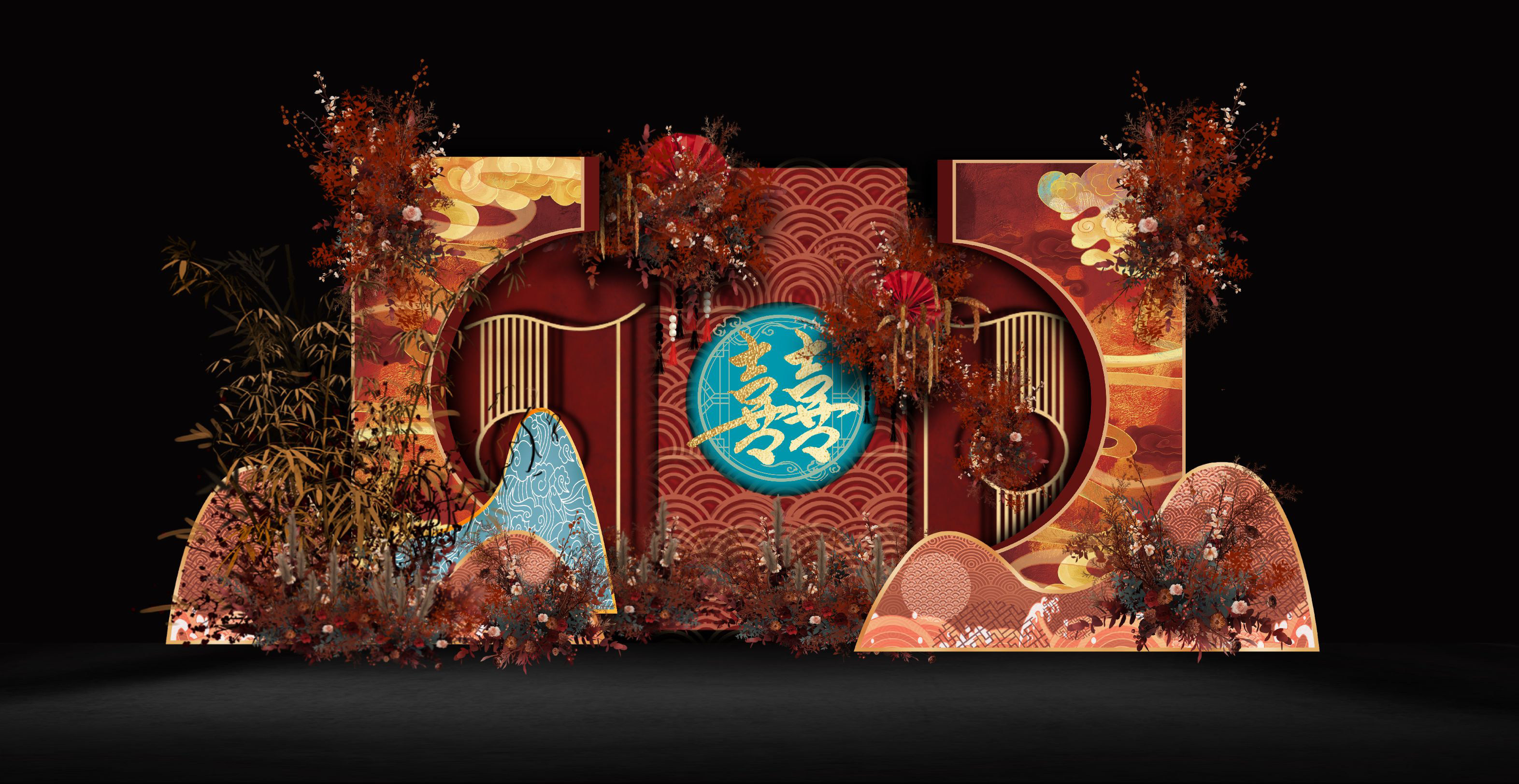 落日红色中式婚礼传统国潮风手绘 婚礼效果图 室内psd分层文件