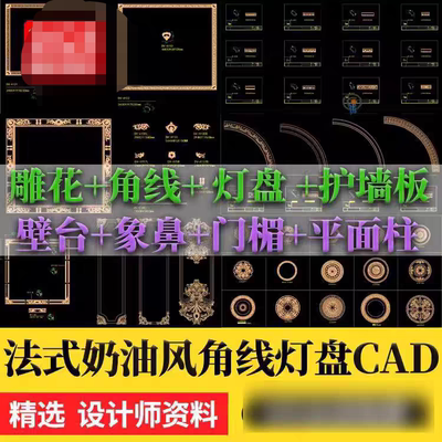 2024法式奶油风雕花角线灯盘护墙板CAD室内壁台石膏线cad图库素材