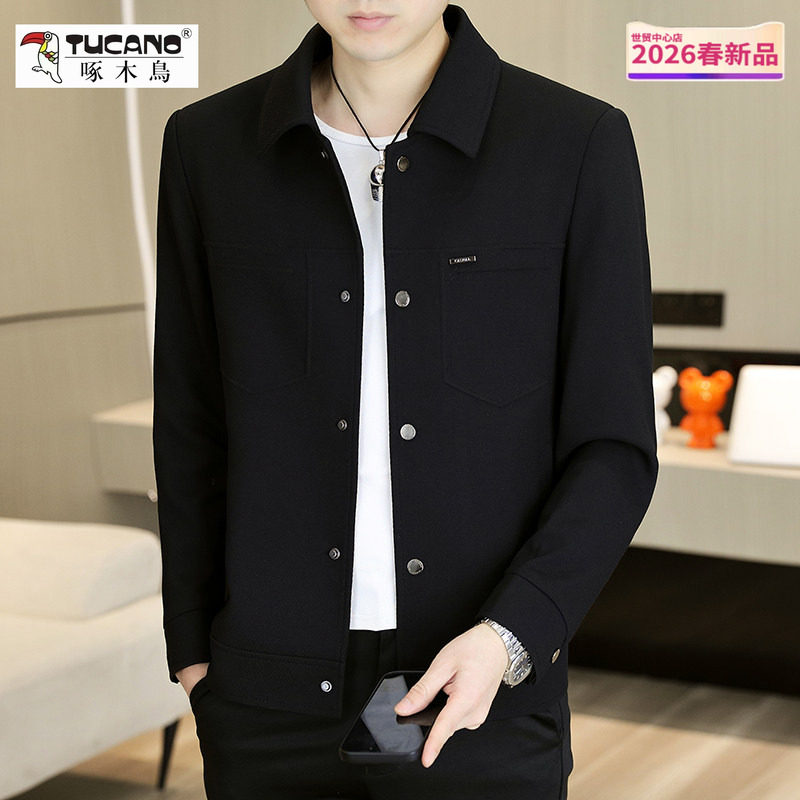 啄木鸟春季新款纯色夹克中青年男士商务休闲翻领拼接上衣外套百搭