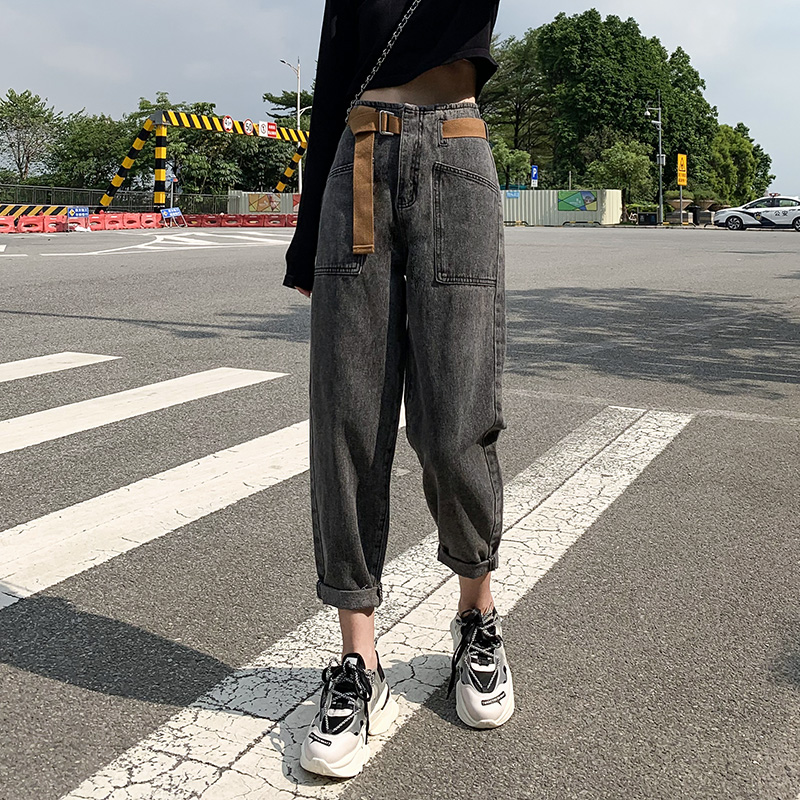 烟灰色老爹牛仔裤女潮秋装2020年新款高腰显瘦直筒宽松萝卜哈伦裤