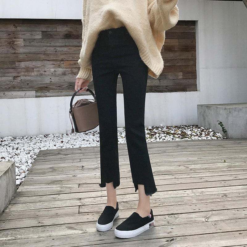 ulzzang牛仔裤女黑高腰韩版九分学生宽松阔腿不规则百搭八分直筒