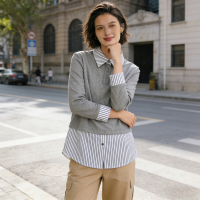 毛衣姐姐 懒人叠穿翻领条纹衬衫拼接假两件卫衣女6677-2521