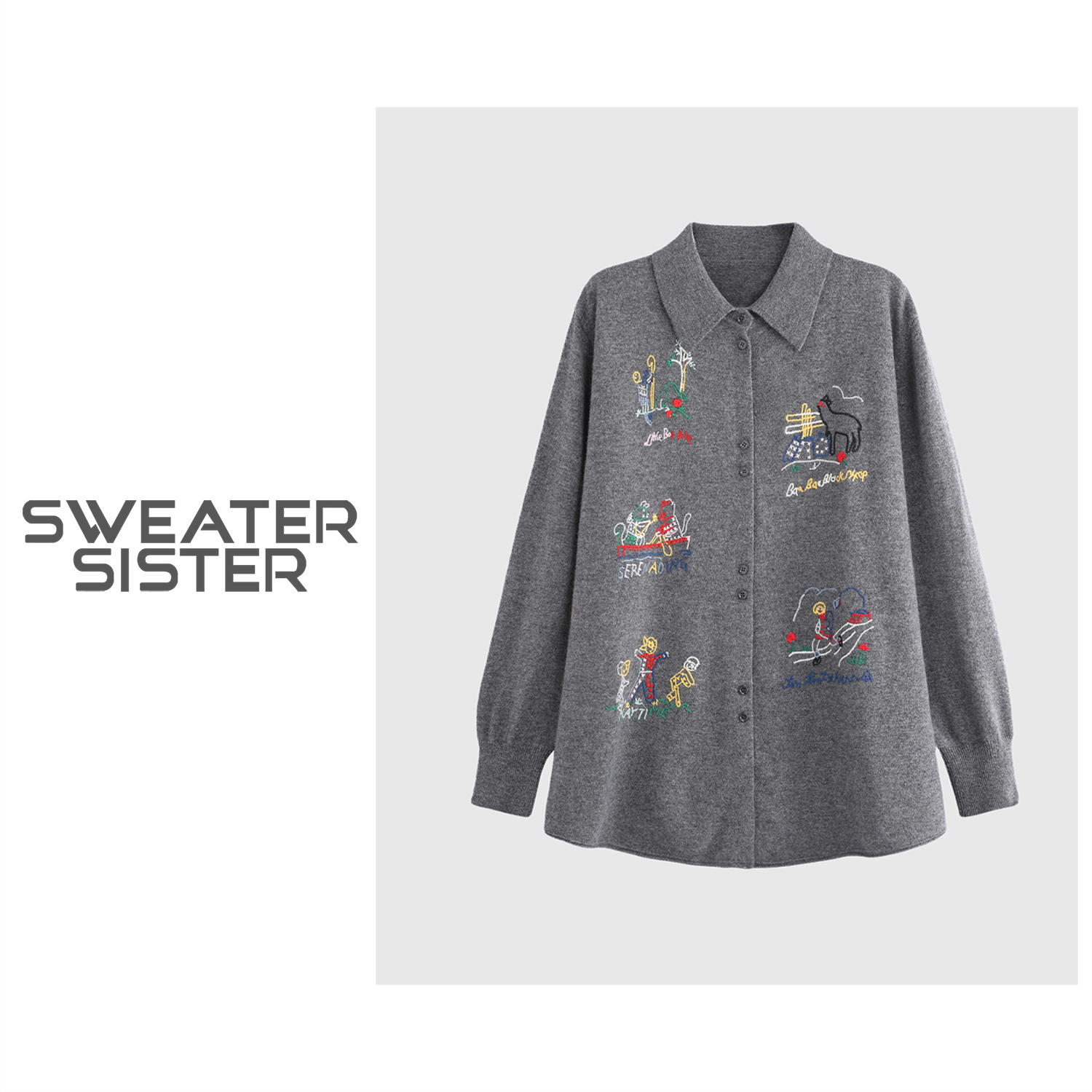 毛衣姐姐 赫本风宽松型卡通绣花毛衣长款针织衫女066-1033