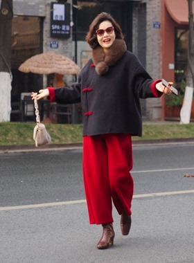 毛衣姐姐 新中式立领斜襟呢子外套复古高级感毛呢褂女579-7752