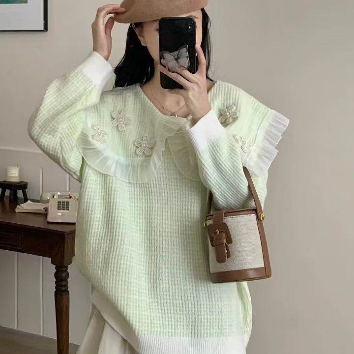 蕾丝花边娃娃领针织衫女秋冬新款