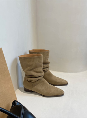 网红褶皱堆堆靴复古尖头粗跟短靴女西部牛仔靴套筒骑士靴女秋新款