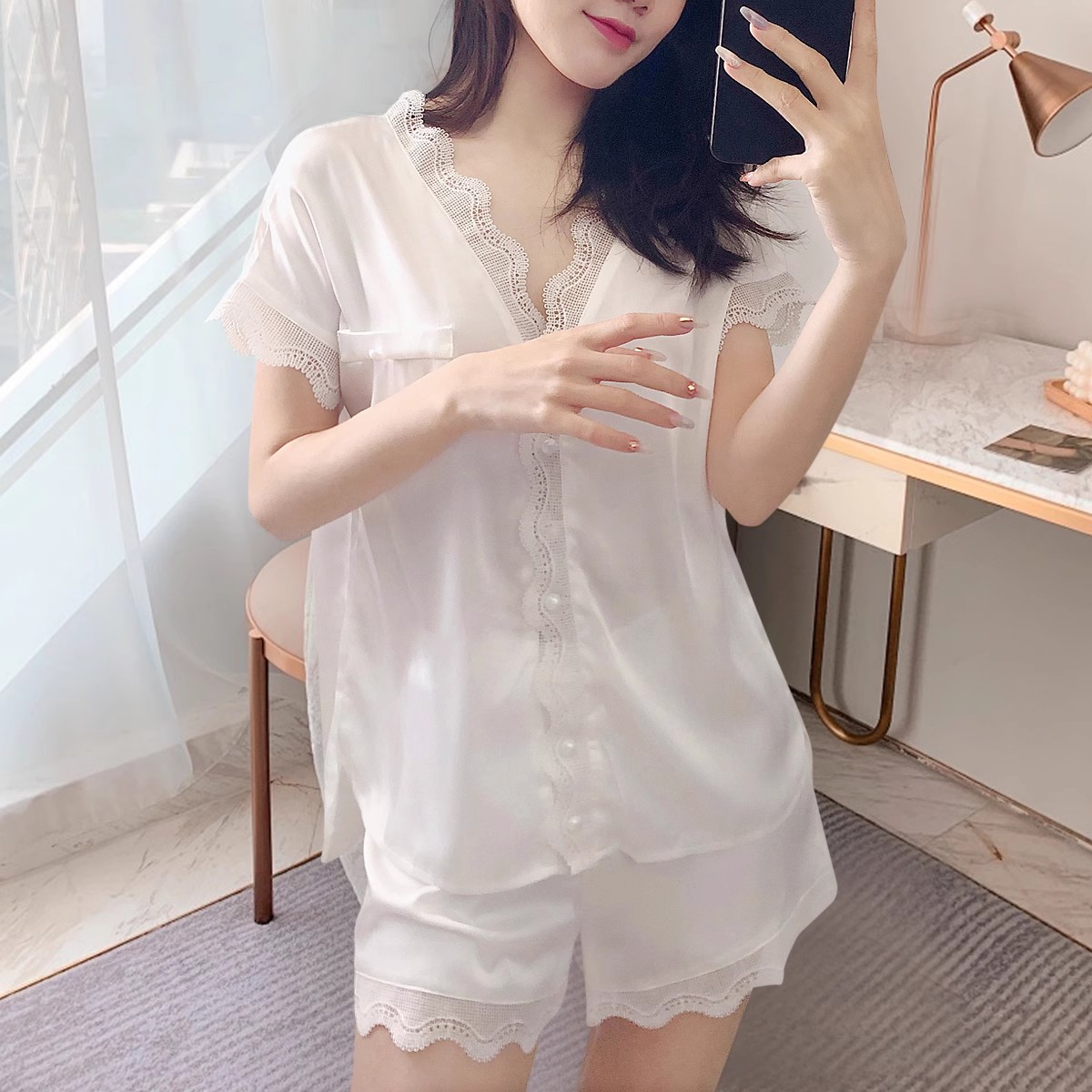 2023新品性感蕾丝花边睡衣女夏季薄款冰丝短袖短裤休闲家居服套装