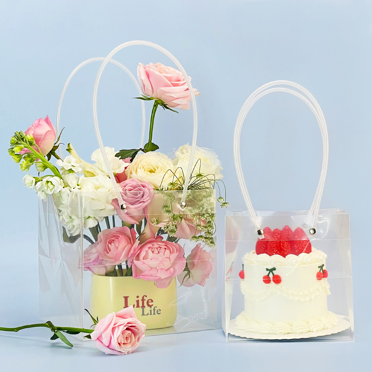 正方形蛋糕手提透明礼品袋婚庆礼袋植物透明伴手礼包装袋可定制