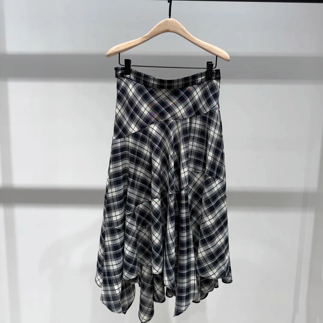 正品半身裙2025秋新品含绵羊毛人丝格纹不规则大裙摆MBE3SKT039