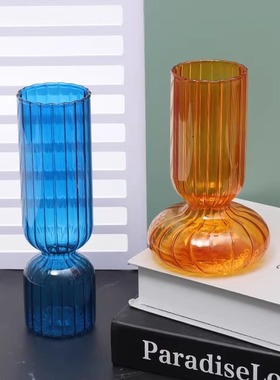 ins创意条纹彩色玻璃花瓶桌面装饰摆件 水培插花简约花瓶拍照道具