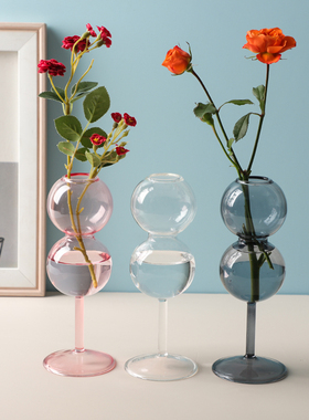 创意双球玻璃花瓶彩色高脚水培花瓶摆件客厅插花装饰品高级感