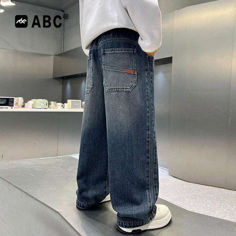ABC男童春秋牛仔裤2026新款男孩韩版直筒裤中大童口袋刺绣阔腿裤